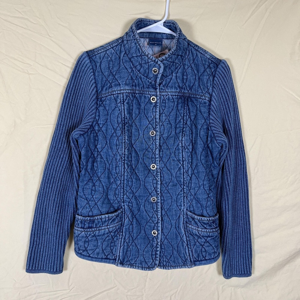Blue Willi's Jacket Womens Medium Blue Quilted Denim Knit Sleeve Snap Front
